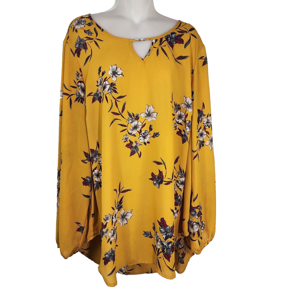 Torrid Womens Top Size 3X Yellow Floral Georgette Keyhole Blouse Long Sleeve
